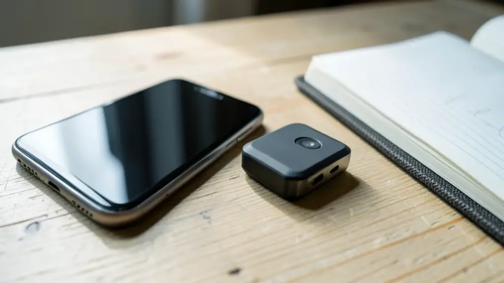 A phone and a small hardware wallet on a wooden table