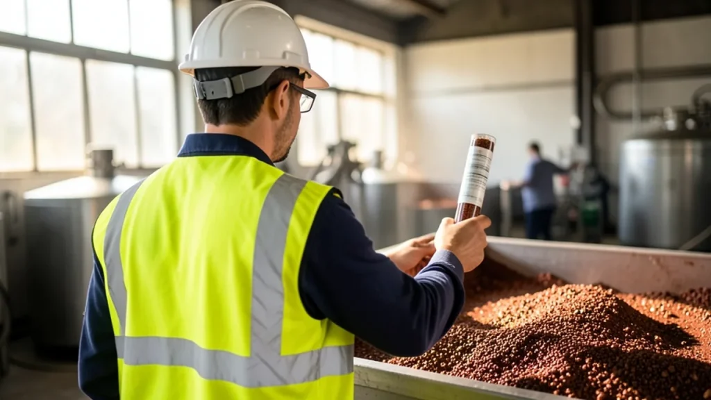 Technician holding sample tube over tray of copper ore in flotation lab