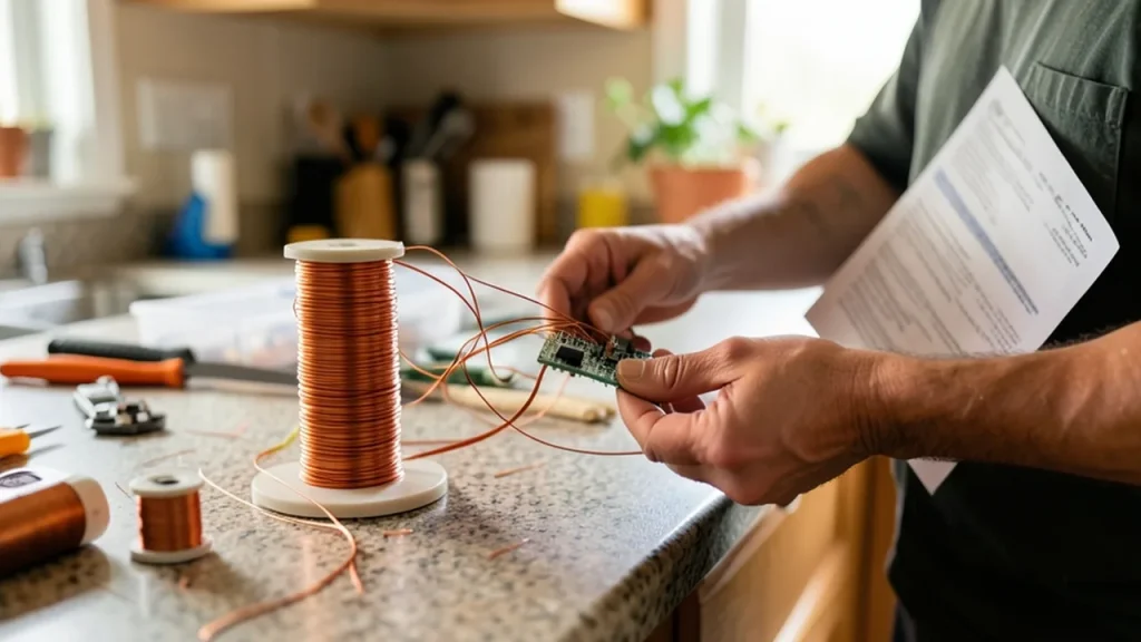 Hands assembling copper wiring on kitchen counter to show consumer impact