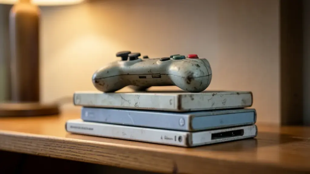 Old game controller resting on a stack of game cases