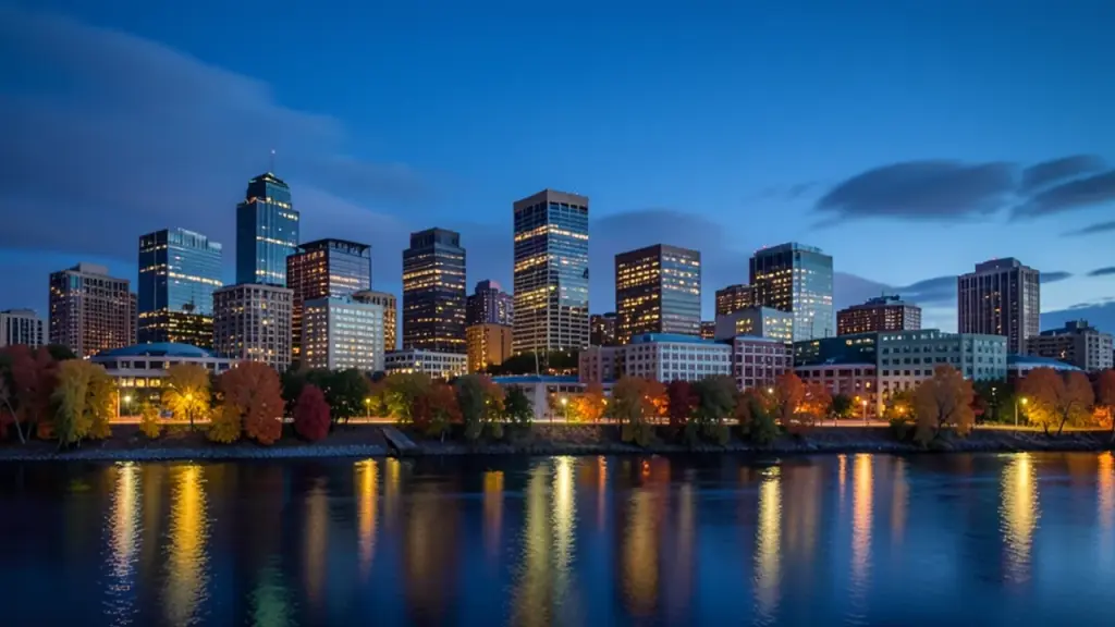 Canadian city skyline over a river on an autumn evening