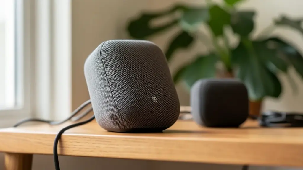 Two speaker units on a desk shelf, varied sizes.