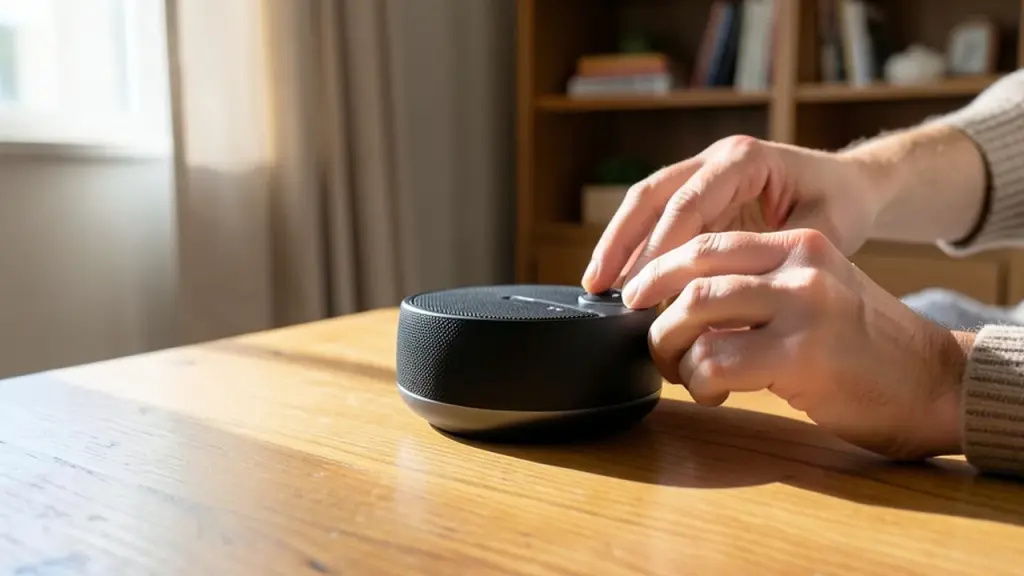 Compact speaker in a home office being adjusted by hands.