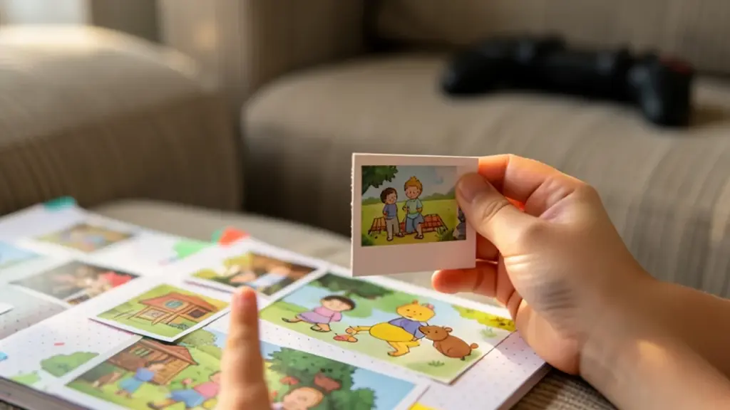 Child’s hands holding an instant-style photo above a scrapbook page