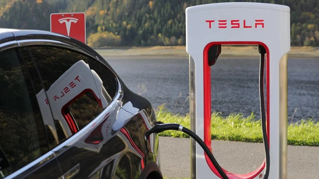 Close-up of a high-voltage charging port at a car charging station