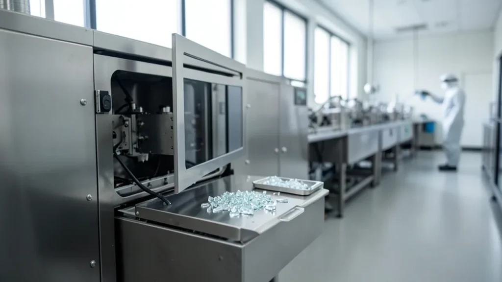 Idle production machines and tray with broken glass shards in cleanroom corridor