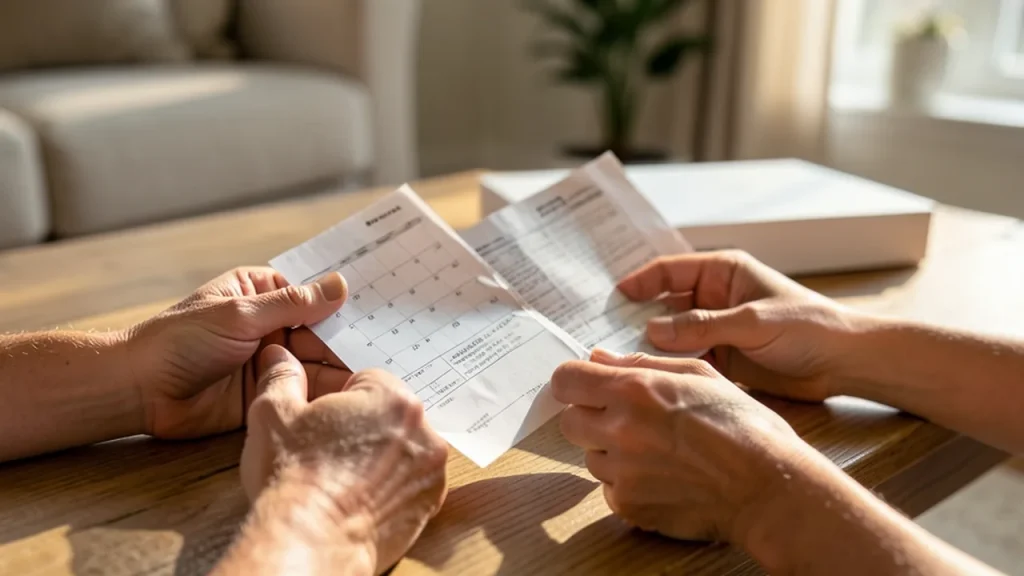 Person holding calendar and delivery notice beside blurred tablet box on table