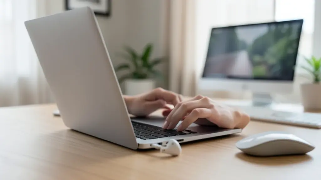 Hands plugging USB-C earbuds into a laptop in a bright, casual workspace.