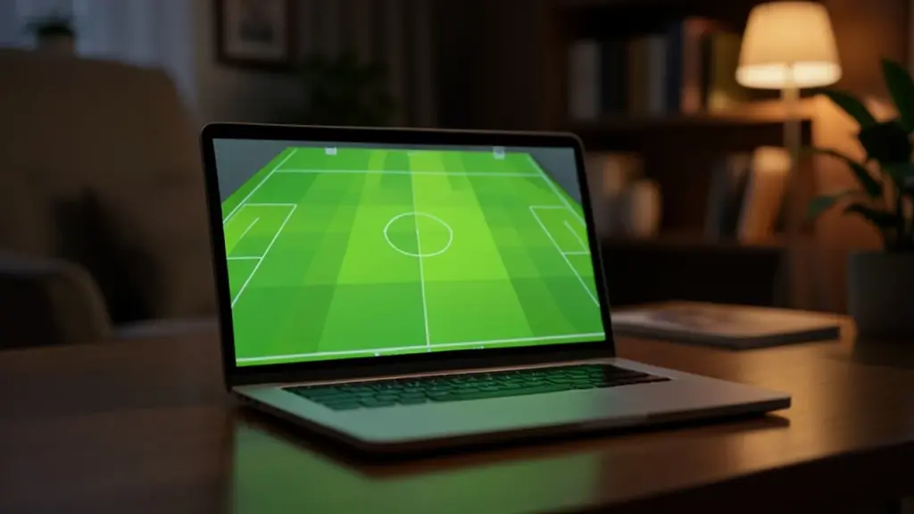A laptop in a dim home office showing a simple soccer game prototype