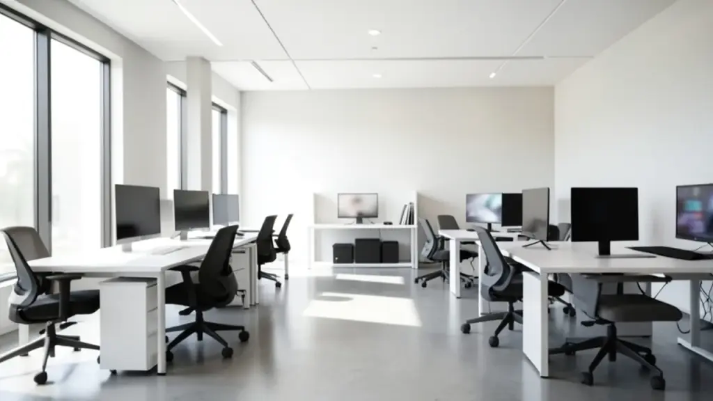 An empty open-plan game studio office in daylight