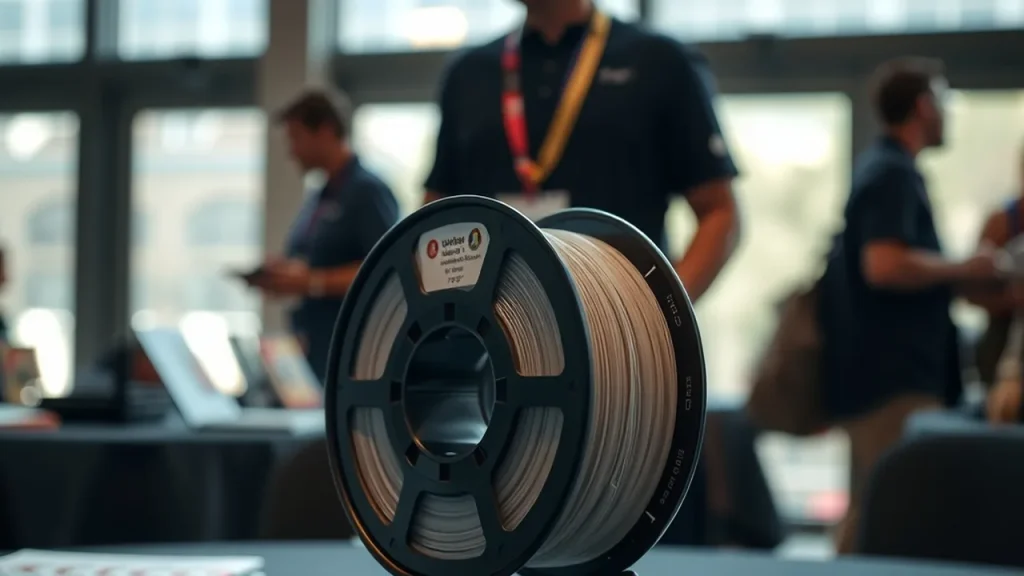 Over-the-shoulder view of a filament spool on a community meet-up table.
