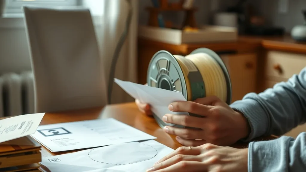 Kitchen table with filament spool and hands packing a parcel in morning light.
