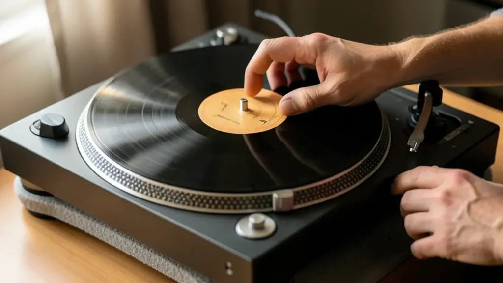 Hands placing a record onto the turntable, showing fitted cartridge and tonearm details.