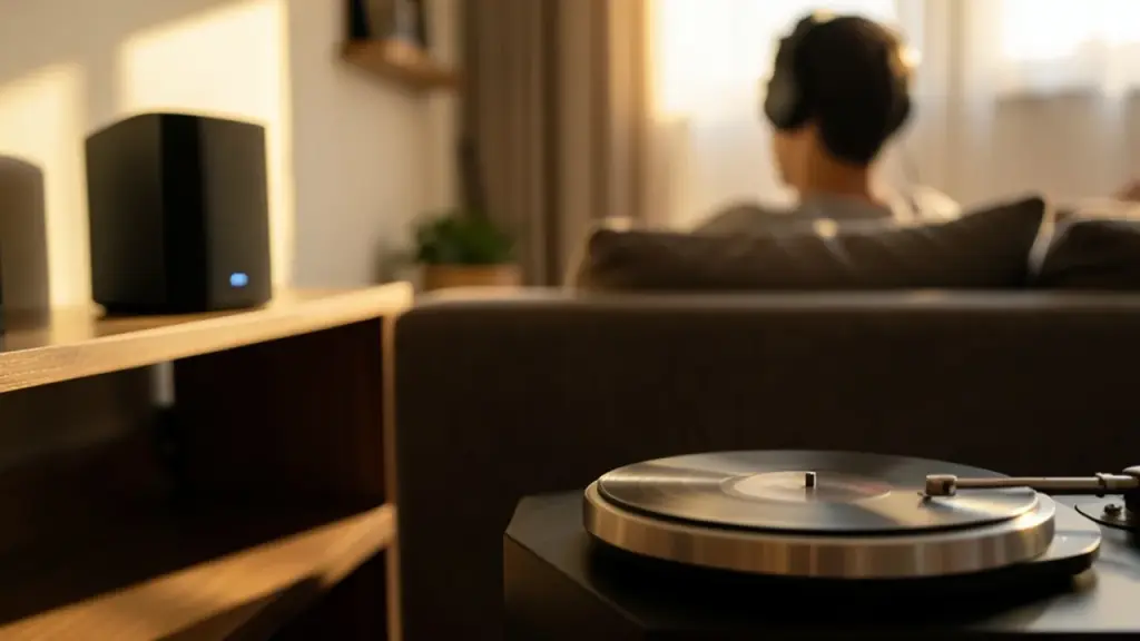 Turntable on media console with blurred listener on sofa wearing headphones, warm light.