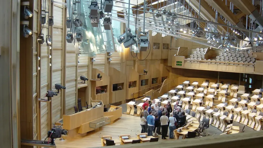legislative chamber with people at desks