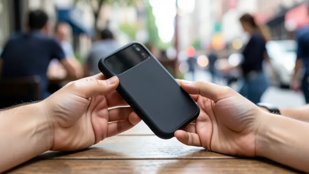 Hands with foldable iPhone Duo on cafe table.