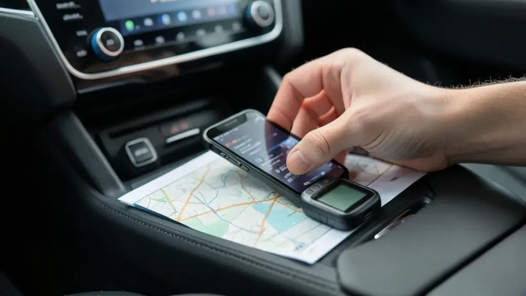Close-up of offline music prep with printed map and offline device
