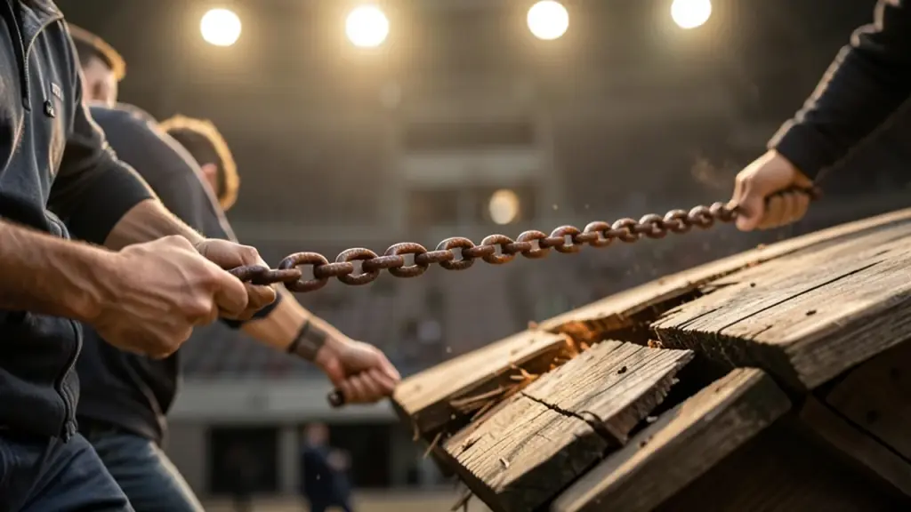 Side view of players swinging a spiked chain to slam an enemy into a collapsing platform