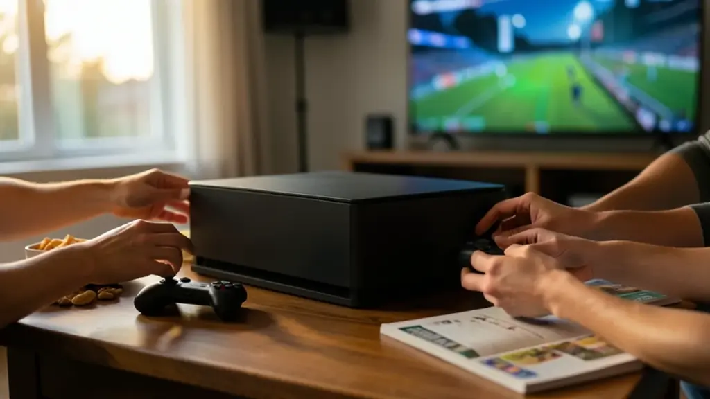 Hands of four friends reaching for controllers around a turned‑away console on a coffee table