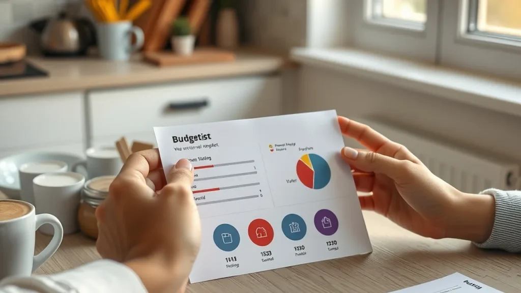 Hands adjusting a paper budgeting widget mockup on a kitchen table