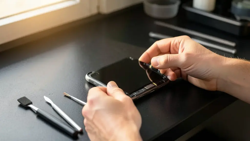 Technician replacing a phone battery at a bench.
