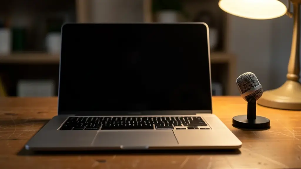 A laptop and small microphone on a home office desk