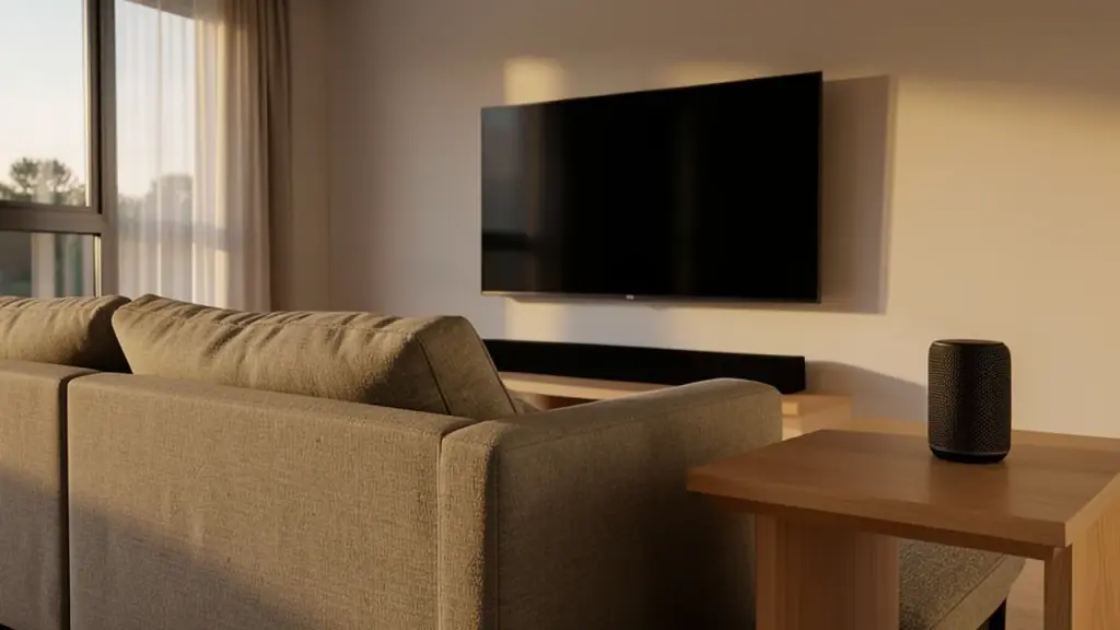 A smart speaker and soundbar in a living room