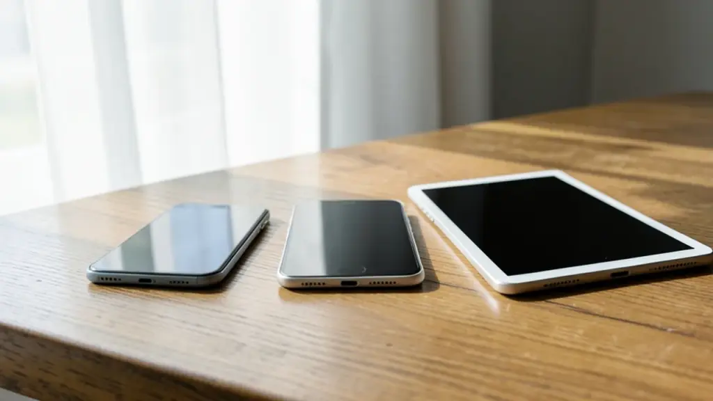 Several phones and a tablet laid out on a table