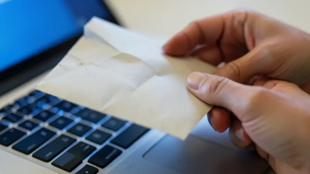 Hands holding an envelope above a laptop keyboard