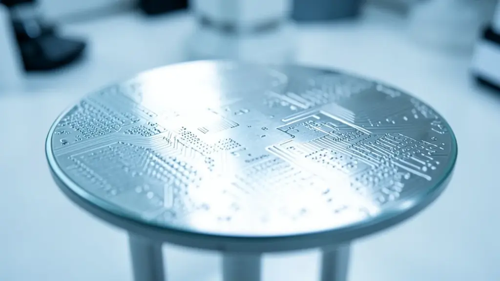 Close-up of a semiconductor wafer under cool lab light