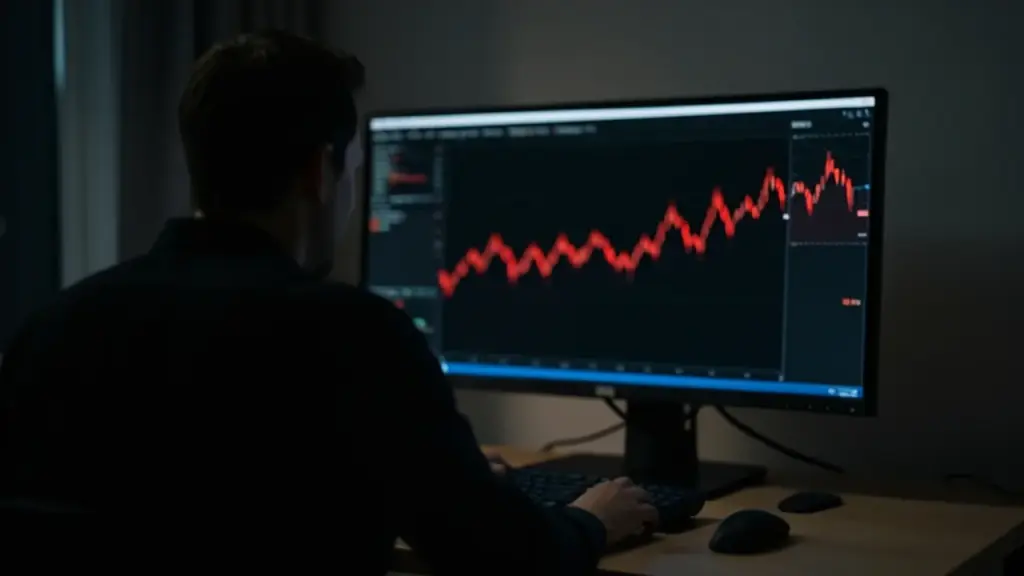 Person at night looking at a blurred trading monitor with red lines