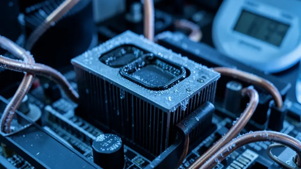 Close-up of LN2 cooling rig and motherboard edge.