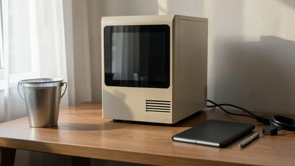 Enthusiast bench setup with retro PC and cooling gear.