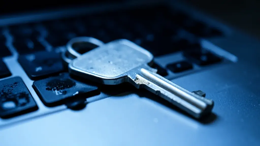 A metal key lying on a laptop keyboard