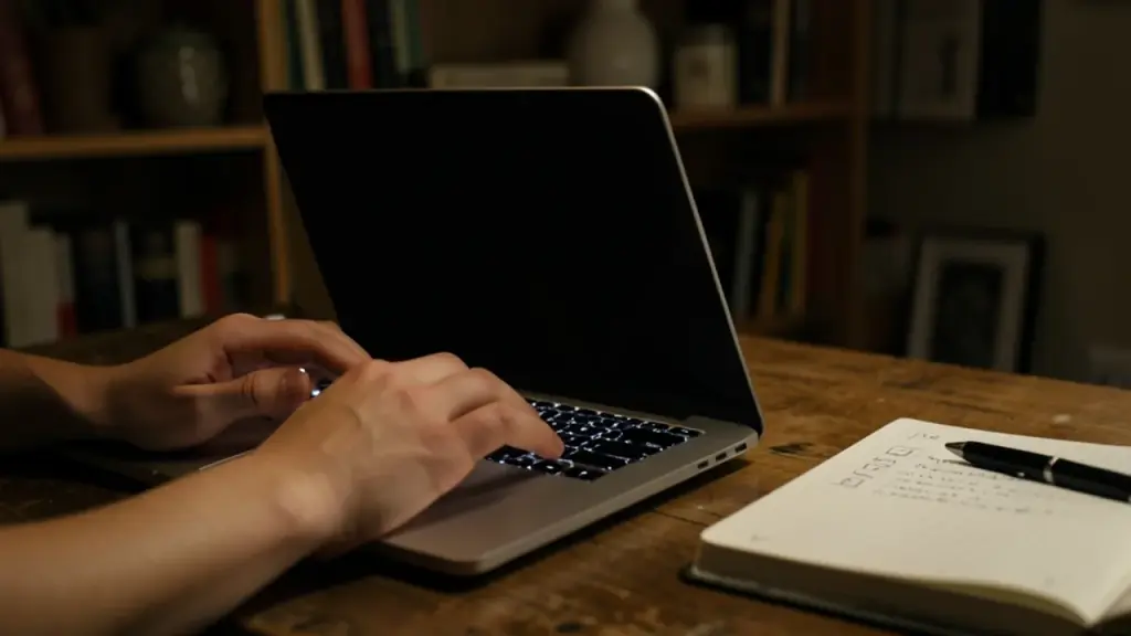 Hands typing on a laptop next to a checklist notebook