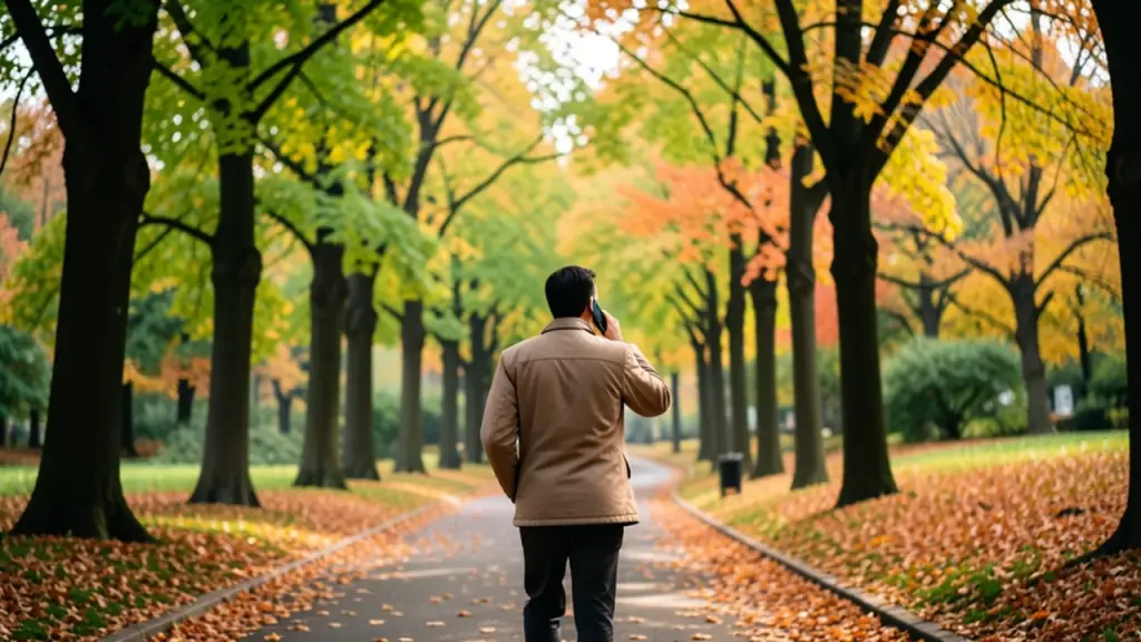 Person walking in a park while talking into a smartphone