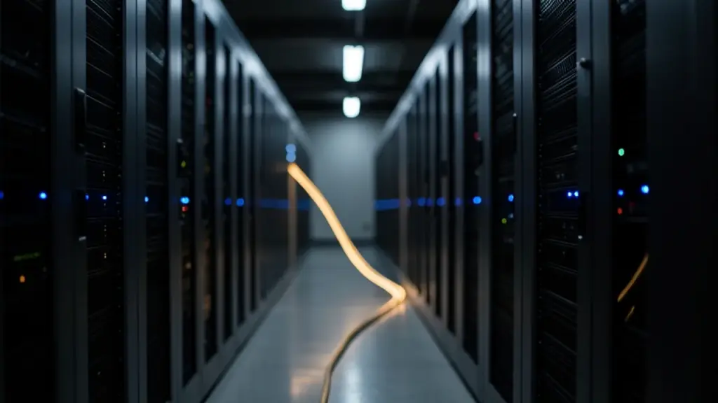 Server racks with blue lights in a dim data center