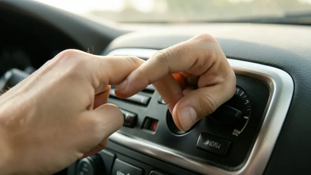 A hand adjusting a car dashboard clock in early morning light