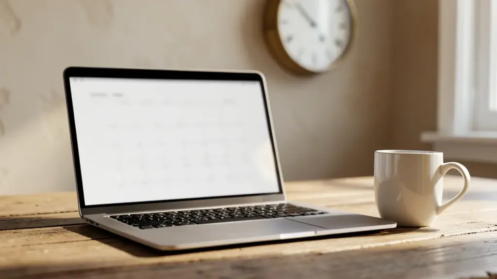 A laptop with a blurred calendar on a kitchen table, wall clock behind