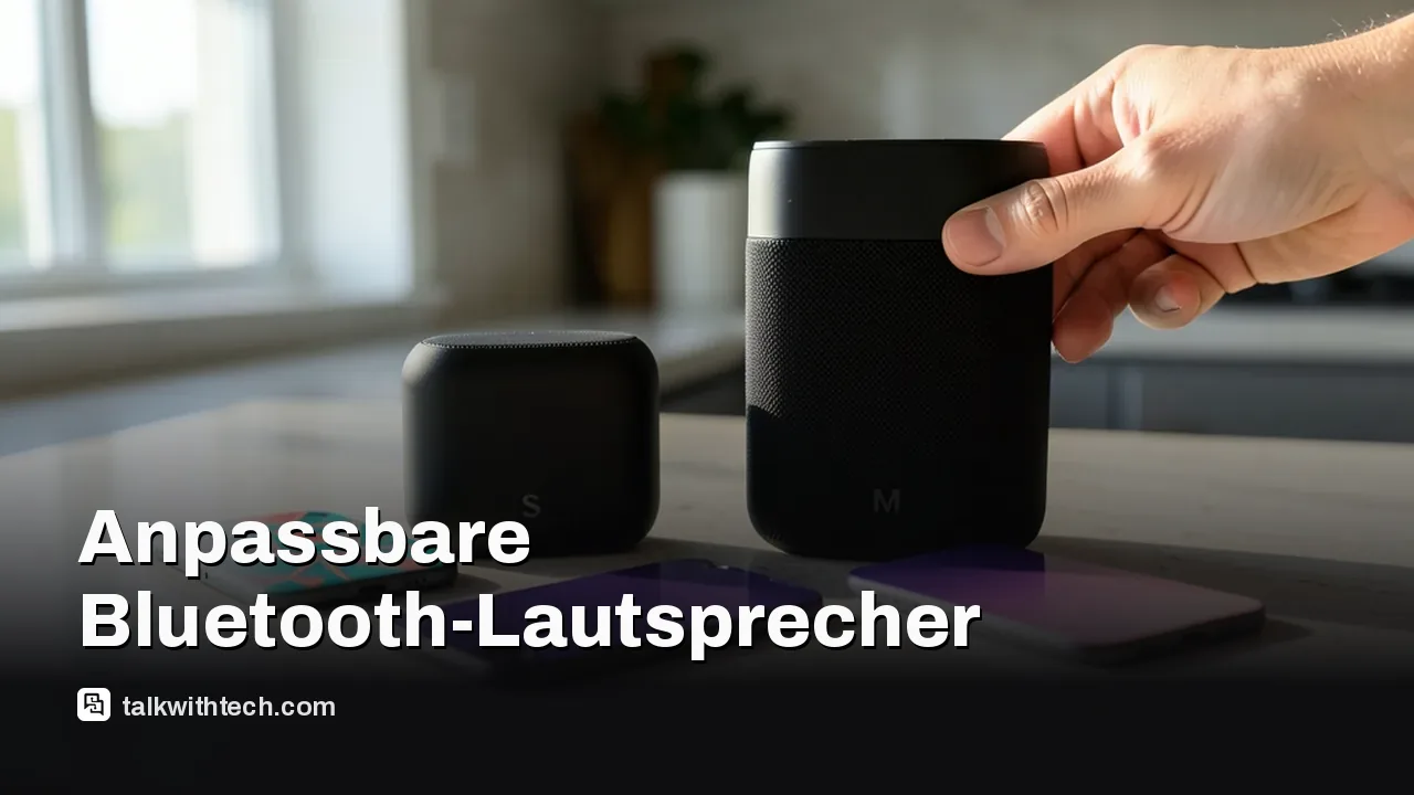 Zwei kleine und mittlere anpassbare Wireless‑Lautsprecher mit getauschten Frontplatten auf einer sonnenbeschienenen Arbeitsfläche.