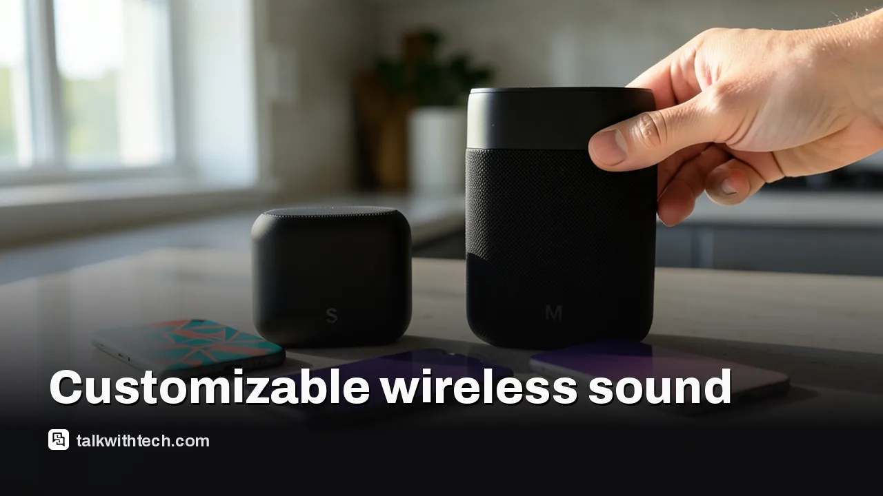 Two small and medium customizable wireless speakers with swapped front panels on a sunlit counter.