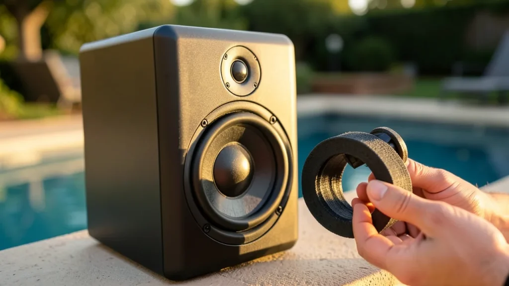 Large customizable speaker with removed knob and 3D-printed shell beside it on a patio.