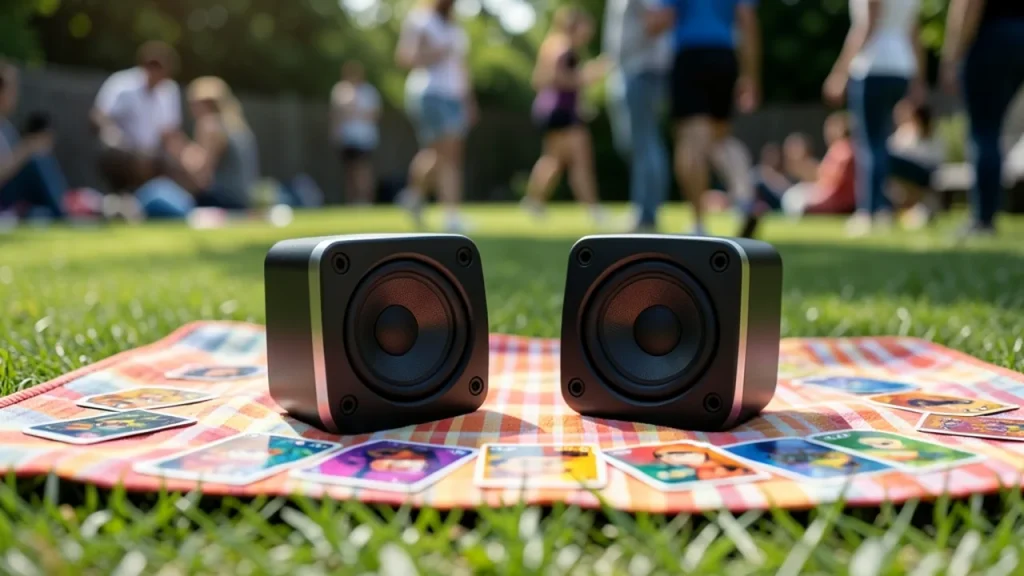 Two paired speakers on a picnic blanket with extra colorful faceplates and blurred people in background.