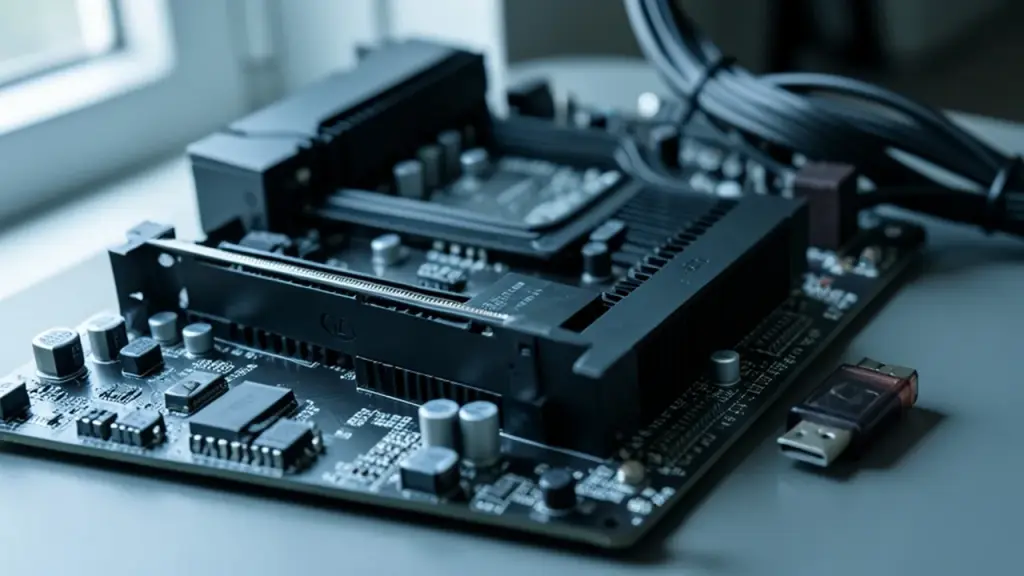 Close view of GPU area and loader device in a PC build