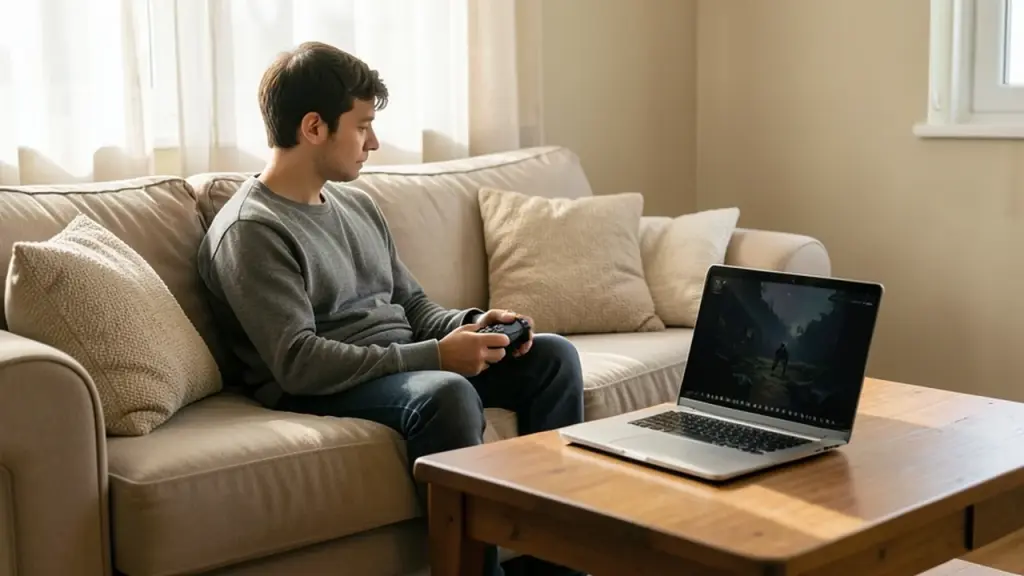 Casual scene of a person considering AI upscaling at home
