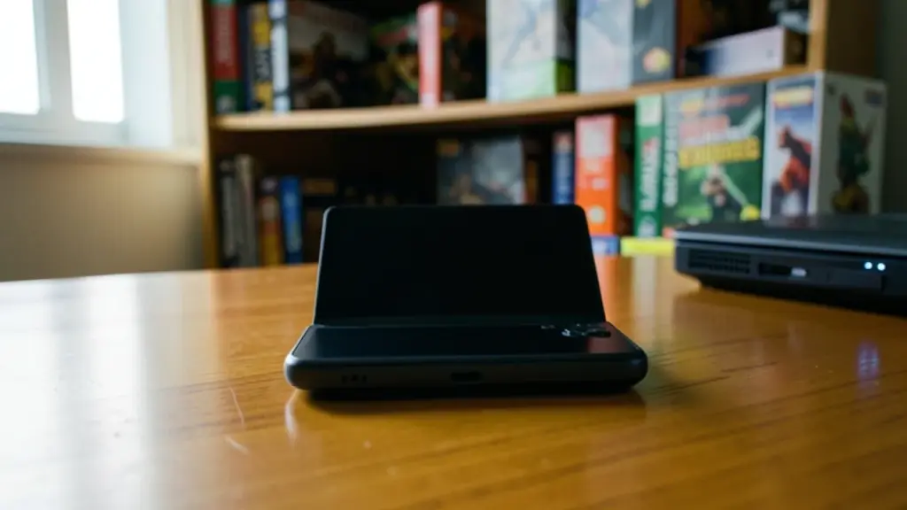 Close-up of a handheld game device on a desk with a dark screen