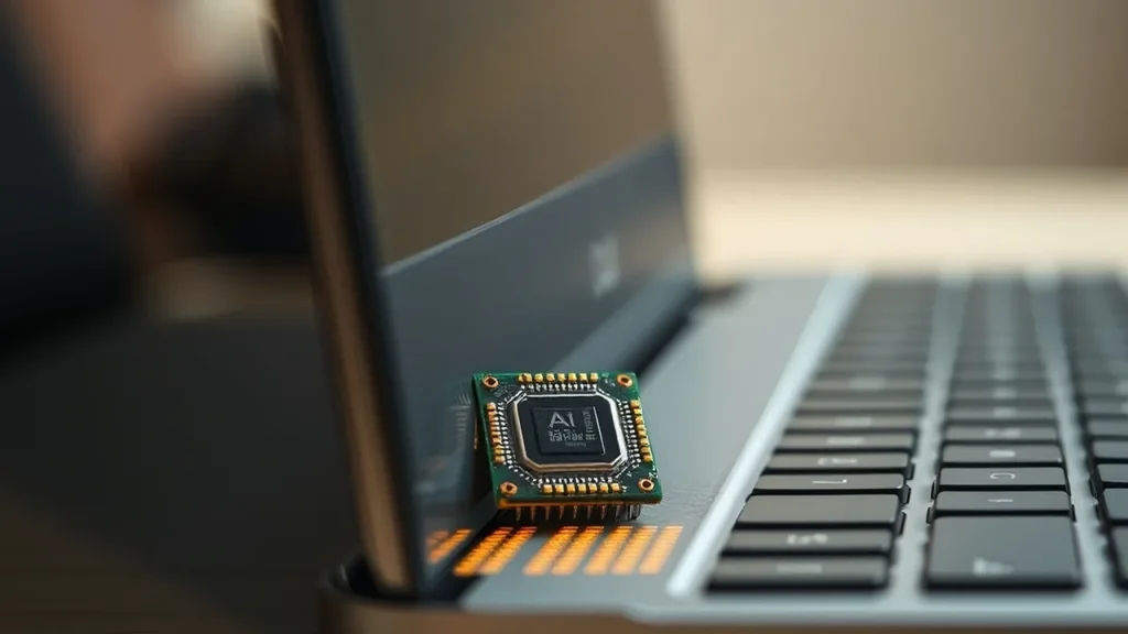 Three-quarter close view of laptop hinge and AI accelerator chip