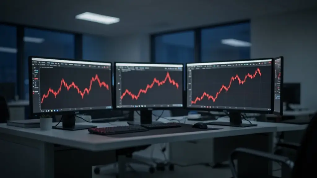 Trading desk monitors showing falling stock charts