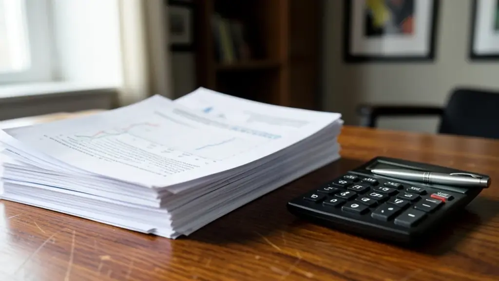 Financial documents and a calculator on an office desk