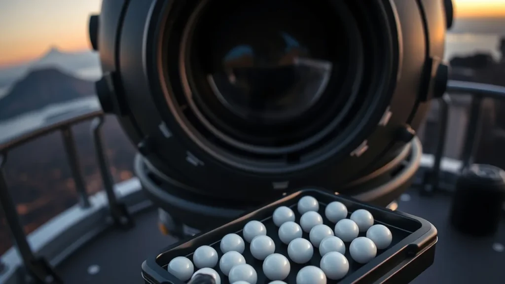 Hands arranging uniform bead models on a filament rod beside a telescope housing at twilight